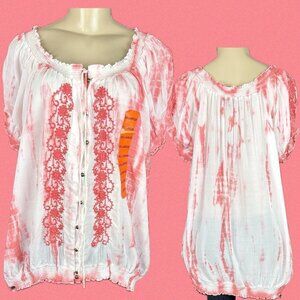 Fever + XXL Coral Embroidered Floral Tie-Dye Button Shirred Short Sleeve Blouse